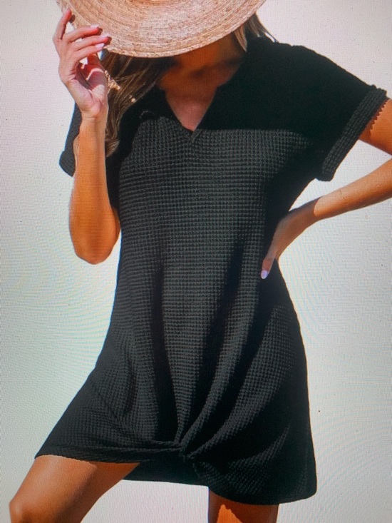 Dresses & Skirts - Black Waffle Knit Short Sleeve Tie-Hem Dress